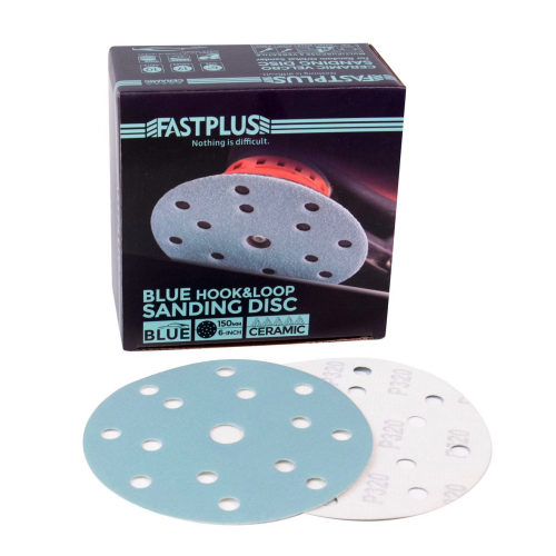 FASTPLUS Шлифовальные круги 150 мм, 15 отверстий, на липучке, серия B65 BLUE (керамика+оксид алюминия)
